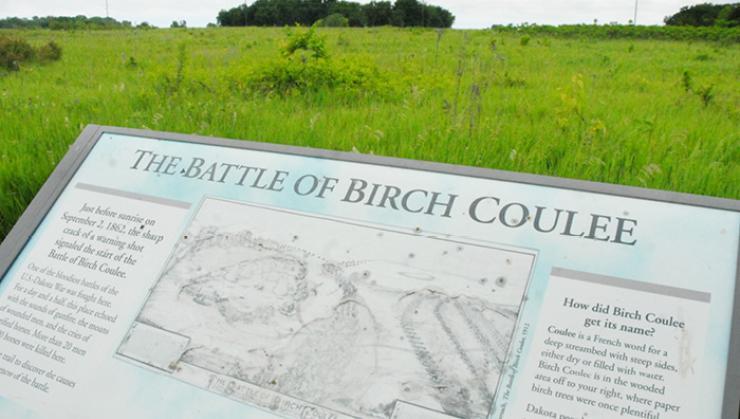 Birch Coulee Battlefield, a historic site of the US-Dakota War, now a peaceful prairie.